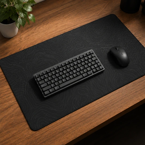 Contour Black Extended Mat on a desk with a keyboard and mouse