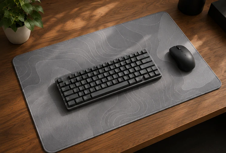 Contour Grey Stitched on a desk with a keyboard and mouse