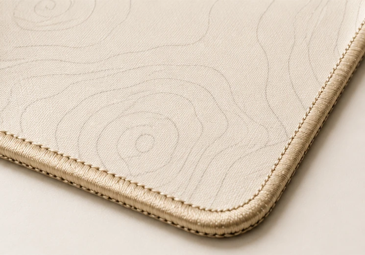 Close-up of the weave and stitched edge of the Contour Ivory Desk Pad