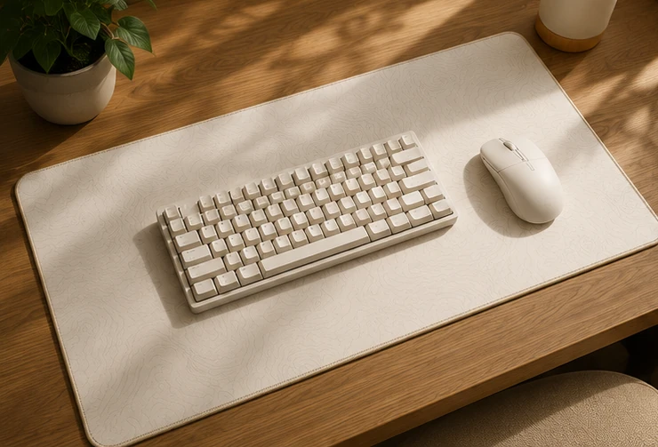 Contour Ivory Desk Pad on a desk with a keyboard and mouse