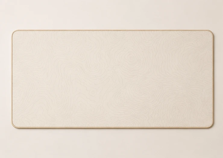 Ivory desk pad with faint grey contour lines and tan stitching