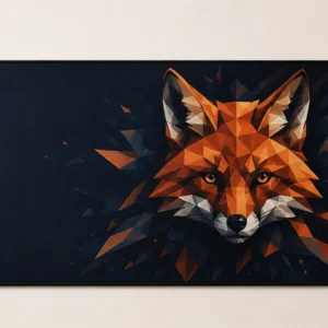 Extra-large gaming mat with an original geometric fox illustration in orange on navy