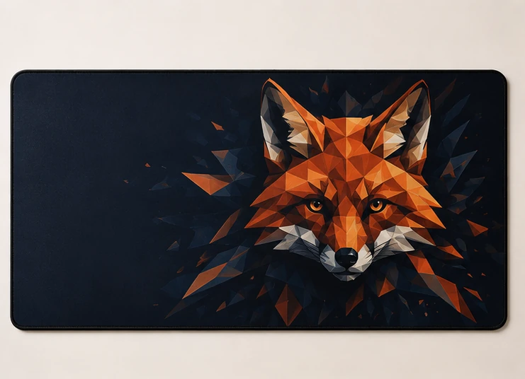 Extra-large gaming mat with an original geometric fox illustration in orange on navy