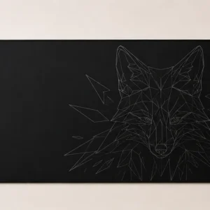 Black gaming mat with a monochrome geometric fox line illustration