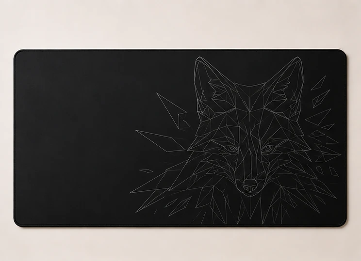 Black gaming mat with a monochrome geometric fox line illustration