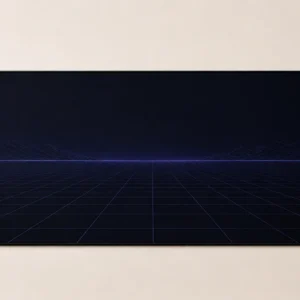 Dark indigo XL gaming mat with a thin neon grid fading to the horizon