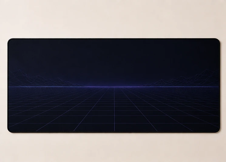Dark indigo XL gaming mat with a thin neon grid fading to the horizon