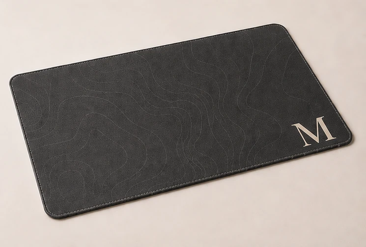 Three-quarter view of the The Monogram Mat showing its surface and edge profile