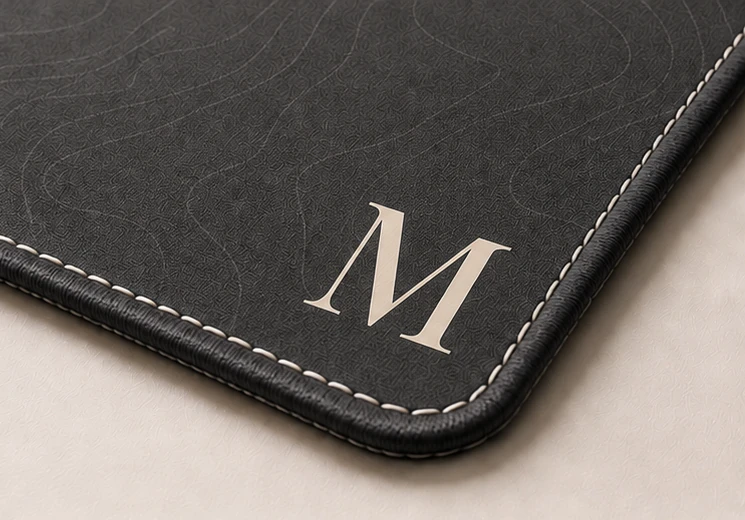Close-up of the weave and stitched edge of the The Monogram Mat