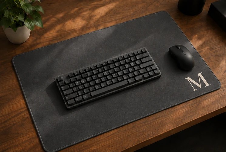 The Monogram Mat on a desk with a keyboard and mouse