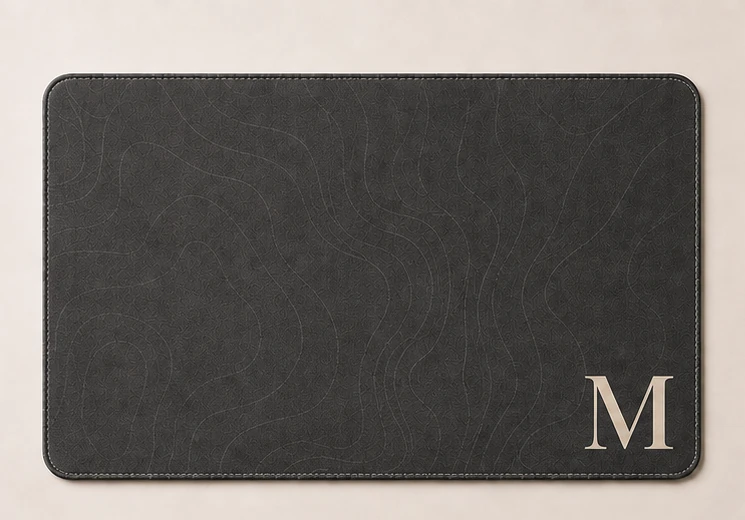 Charcoal desk mat with a large ivory monogram initial and a printed name