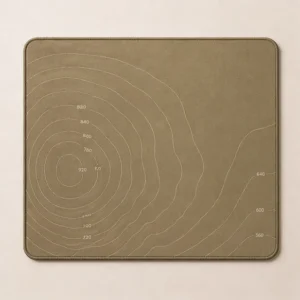 Desk mat with concentric olive topographic basin rings and small elevation numbers